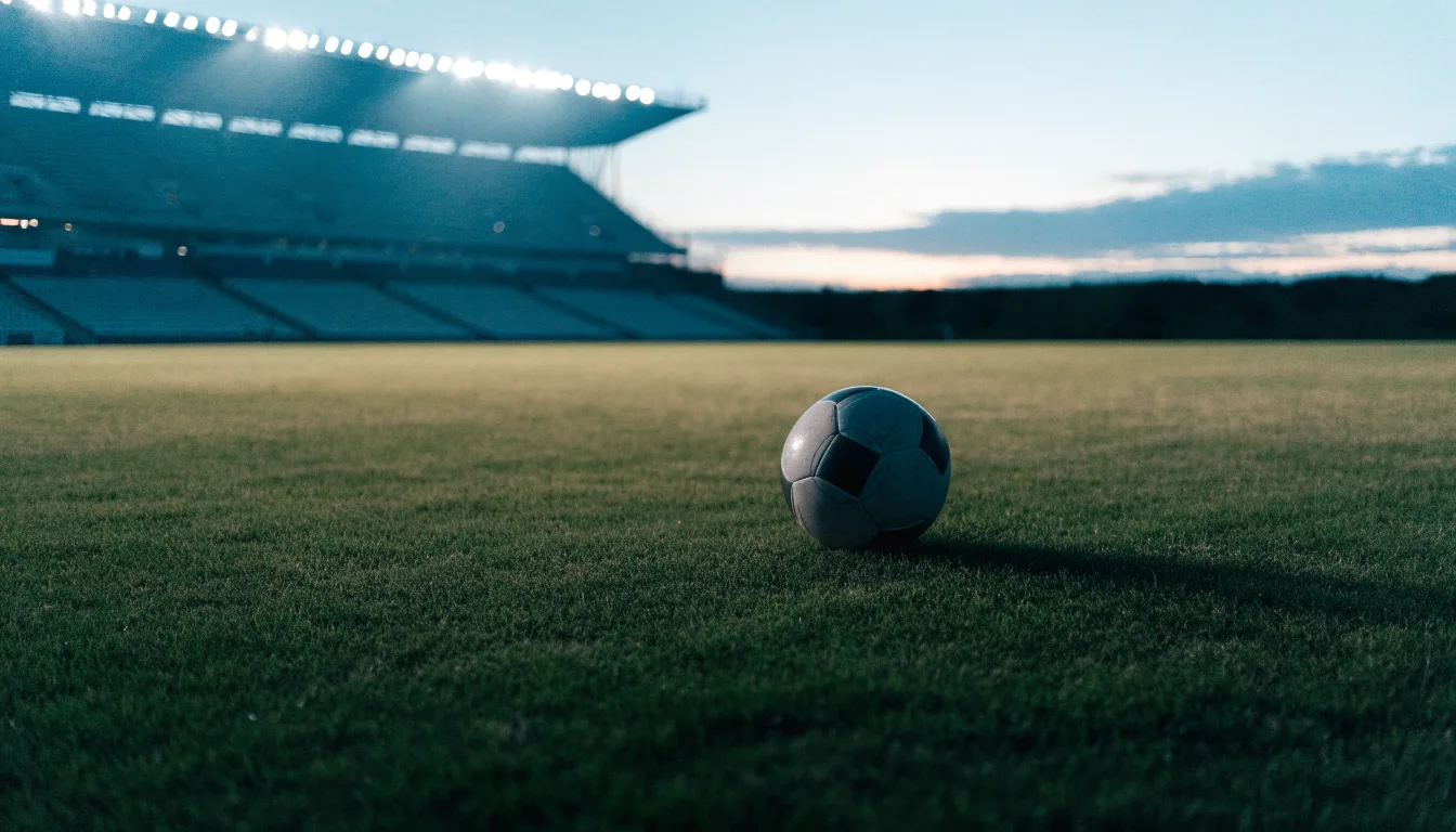 Ein Fußball liegt auf dem Rasen eines leeren Platzes, im Hintergrund ein Stadion unter Flutlicht in der Abenddämmerung.
