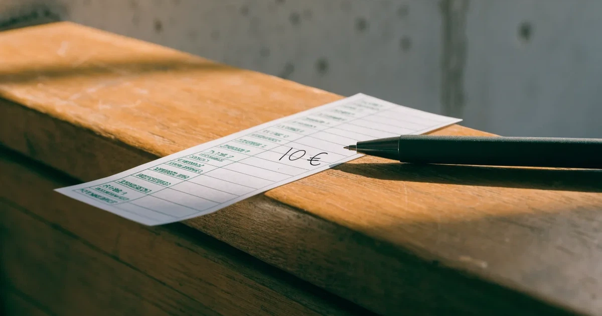 Ein leerer Wettschein aus Papier liegt neben einem Stift auf einer hölzernen Theke, weiches Licht fällt von der Seite ein.
