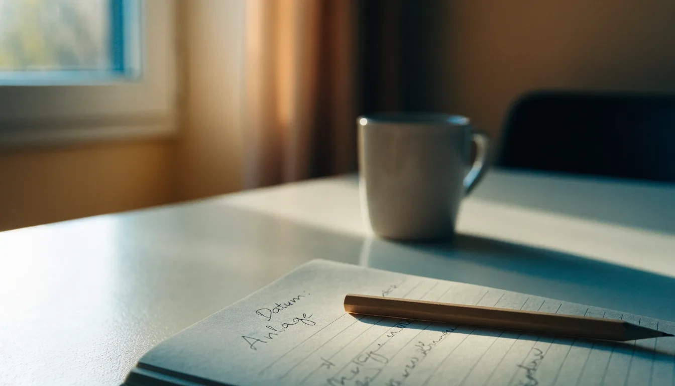 Ein Notizbuch mit handschriftlichen Notizen und ein Bleistift liegen auf einem Schreibtisch am Fenster, draußen fällt Morgenlicht herein.