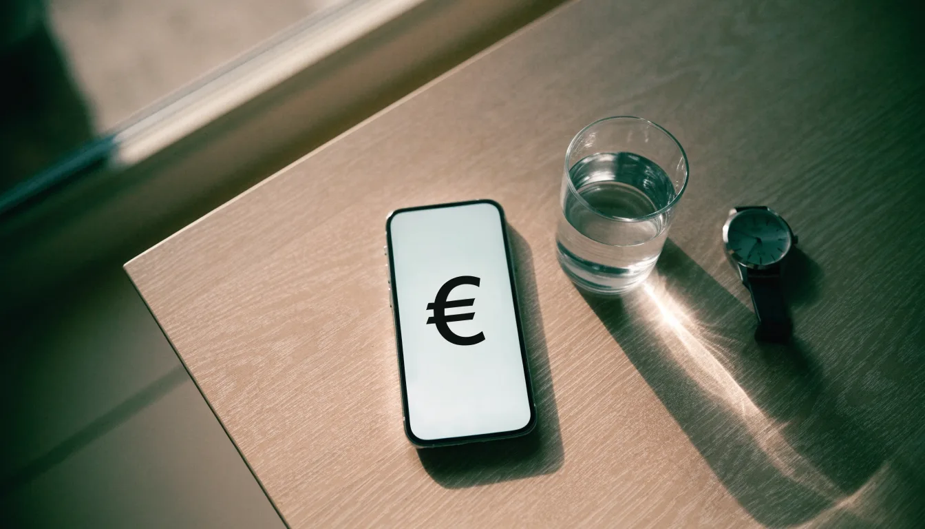 Ein Smartphone liegt mit dem Display nach unten auf einem Küchentisch, daneben stehen ein Glas Wasser und eine Armbanduhr.