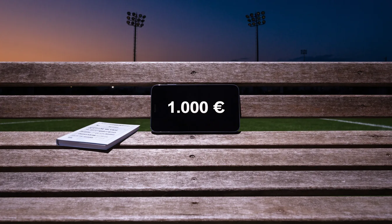 Eine leere Parkbank am Rand eines Fußballfelds in der Abenddämmerung, im Hintergrund ragen dunkle Flutlichtmasten in den Himmel.