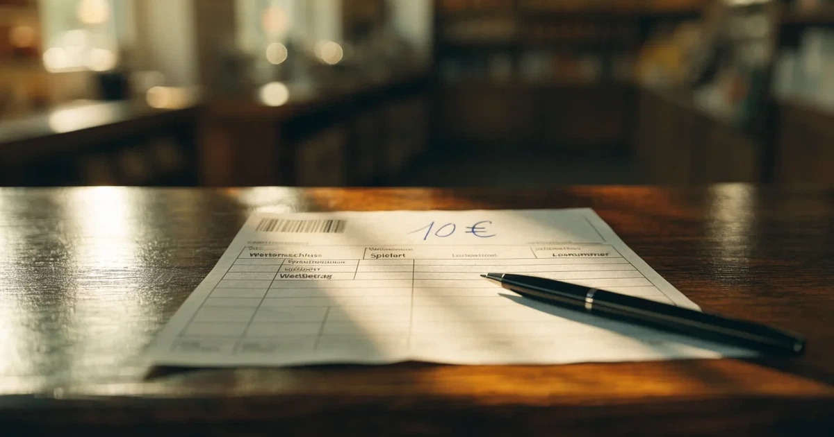 Ein leerer Wettschein aus Papier liegt neben einem Stift auf einer hölzernen Theke, weiches Licht fällt von der Seite ein.