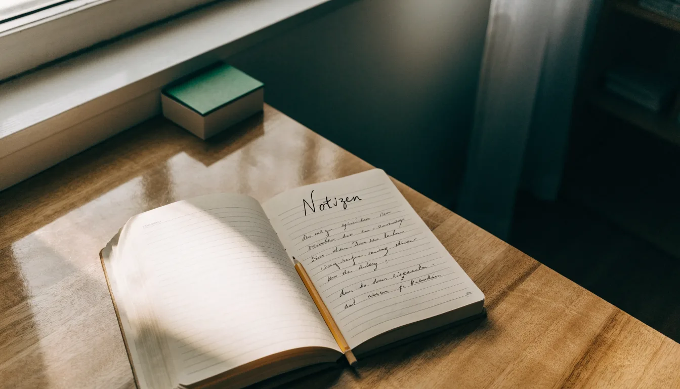 Ein Notizbuch mit handschriftlichen Notizen und ein Bleistift liegen auf einem Schreibtisch am Fenster, draußen fällt Morgenlicht herein.