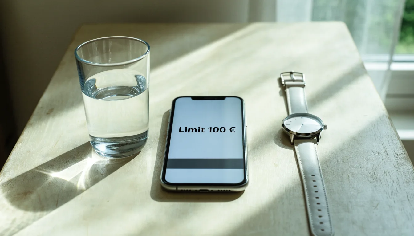 Ein Smartphone liegt mit dem Display nach unten auf einem Küchentisch, daneben stehen ein Glas Wasser und eine Armbanduhr.