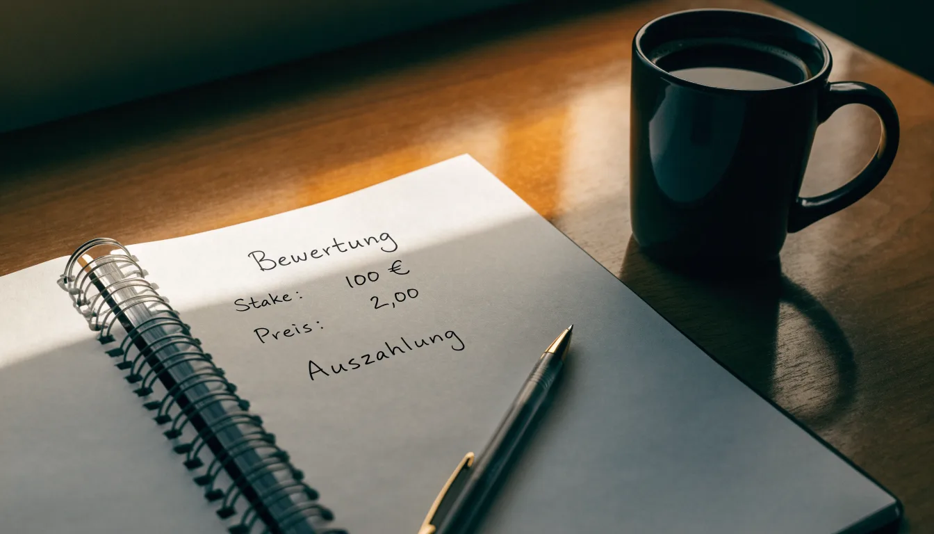 Ein Notizbuch mit handschriftlichen Rechnungen und ein Taschenrechner liegen auf einem Schreibtisch neben einer Tasse Kaffee im Licht des frühen Morgens.