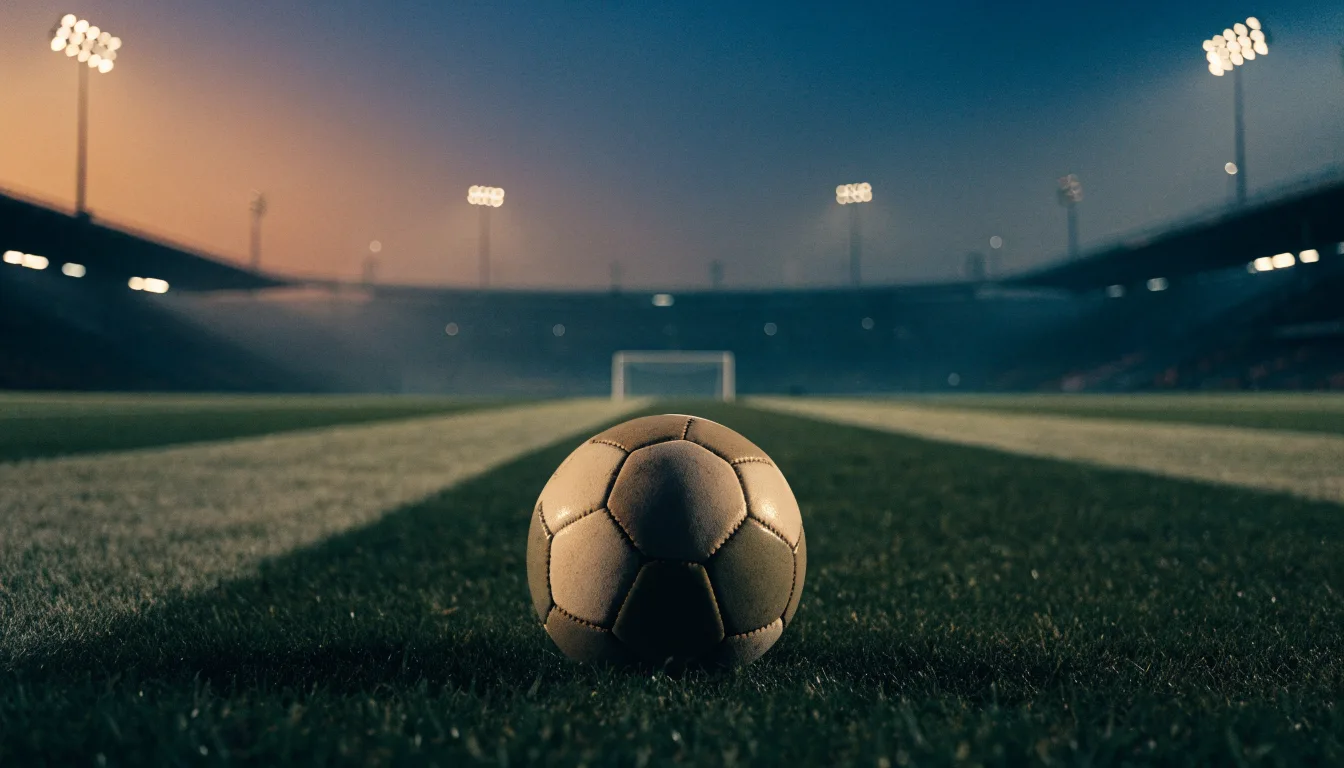 Ein Fußball liegt auf dem Rasen eines leeren Platzes, im Hintergrund ein Stadion unter Flutlicht in der Abenddämmerung.