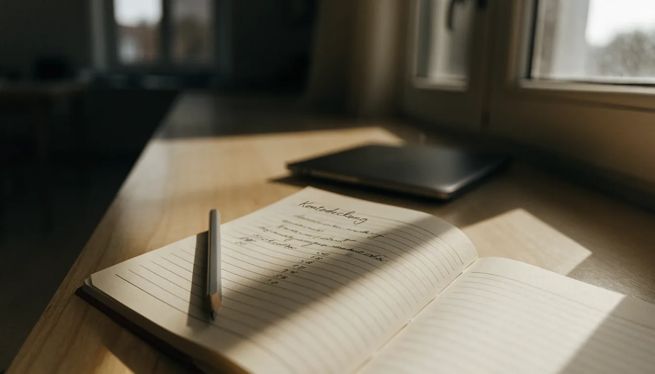 Ein Notizbuch mit handschriftlichen Notizen und ein Bleistift liegen auf einem Schreibtisch am Fenster, draußen fällt Morgenlicht herein.