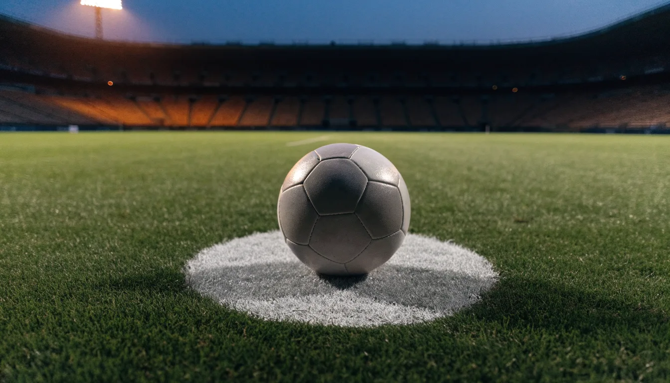 Ein Fußball liegt auf dem Anstoßpunkt eines leeren Rasenplatzes, im Hintergrund steht ein Stadion unter Flutlicht in der Dämmerung.