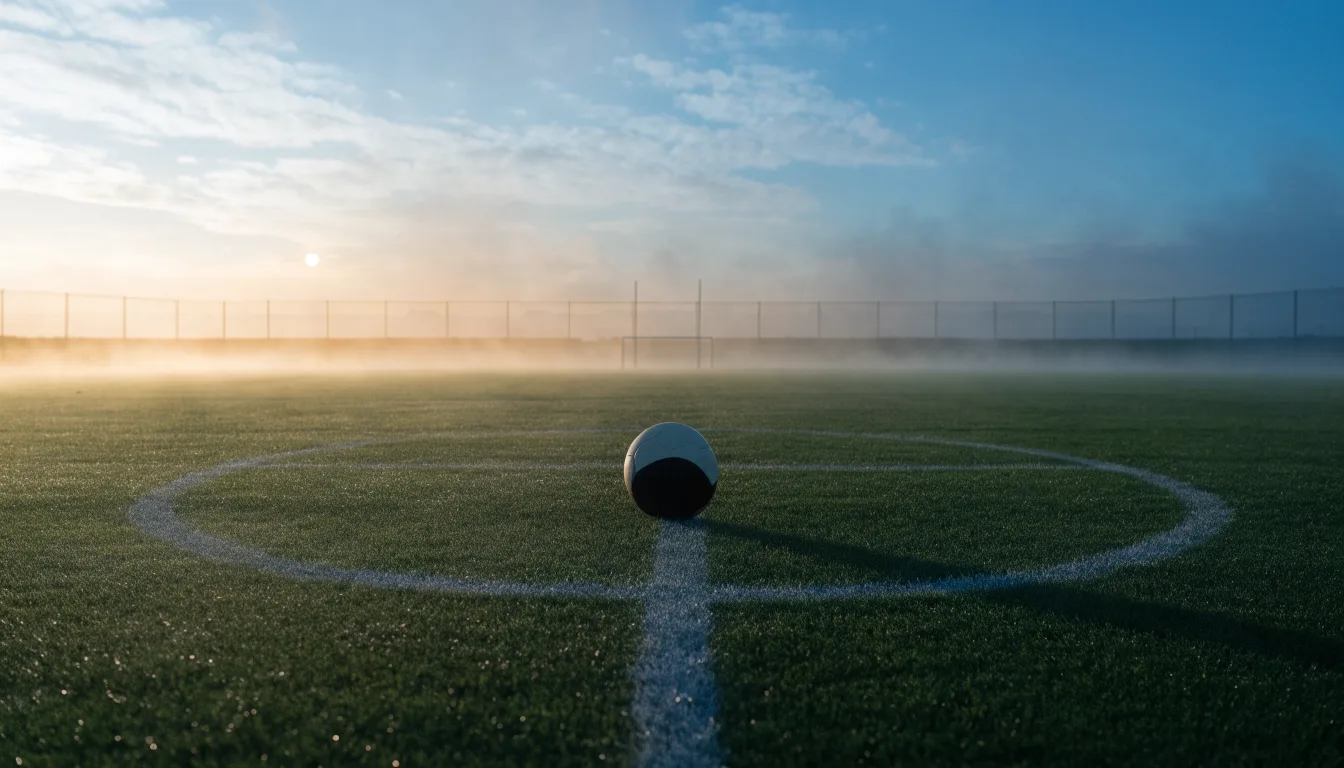 Ein Fußball ruht auf dem Mittelkreis eines leeren Rasenplatzes in der Morgendämmerung, Tau liegt auf dem Gras.