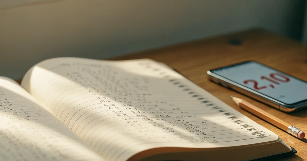 Ein Notizbuch mit handschriftlichen Spalten und Strichlisten liegt neben einem Taschenrechner und einem Bleistift auf einem Schreibtisch.