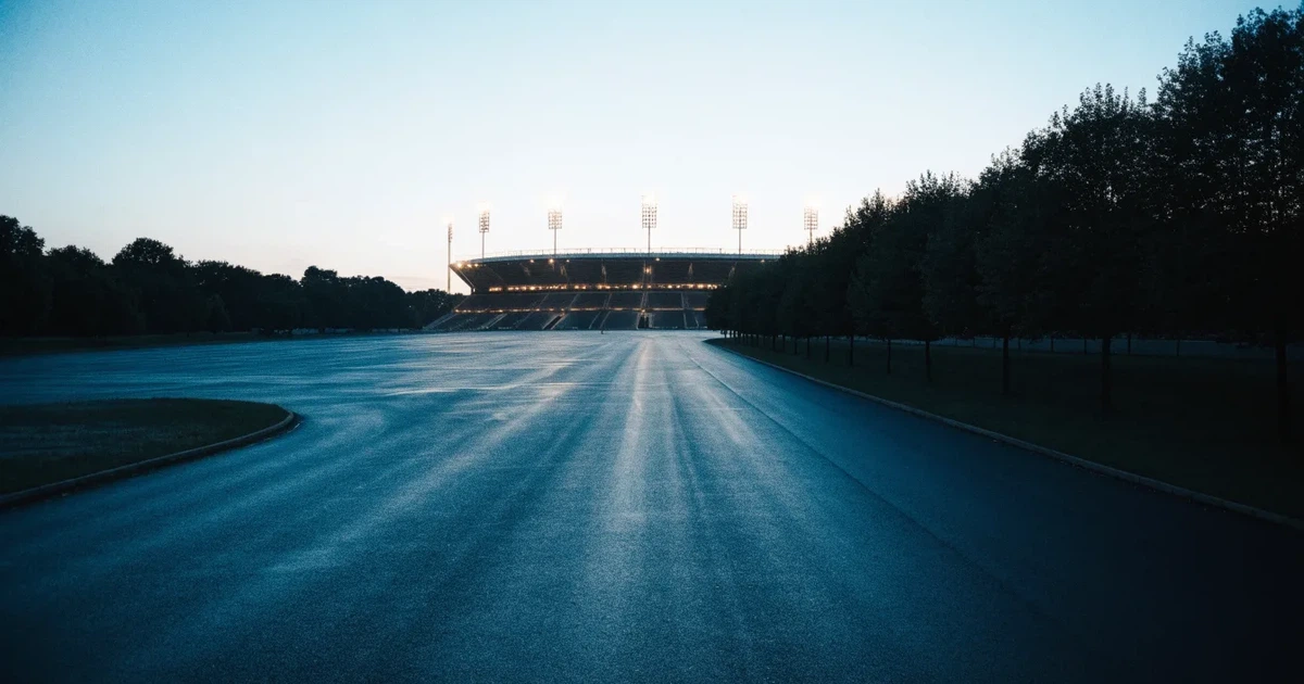 Ein Fußballstadion unter Flutlicht aus großer Entfernung, davor ein dunkler Parkplatz und ein heller Abendhimmel.
