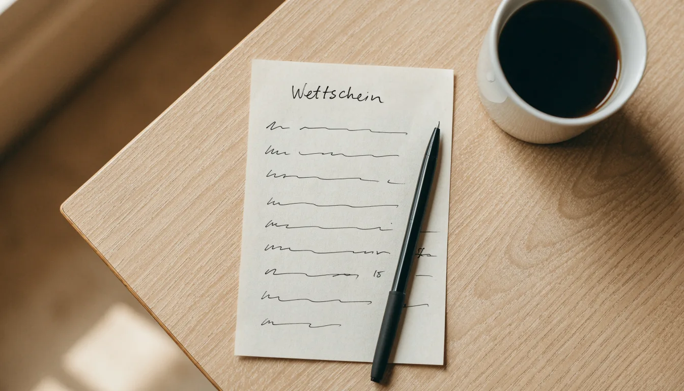 Ein leerer Wettschein aus Papier liegt neben einem Kugelschreiber und einer Tasse auf einem hellen Holztisch.