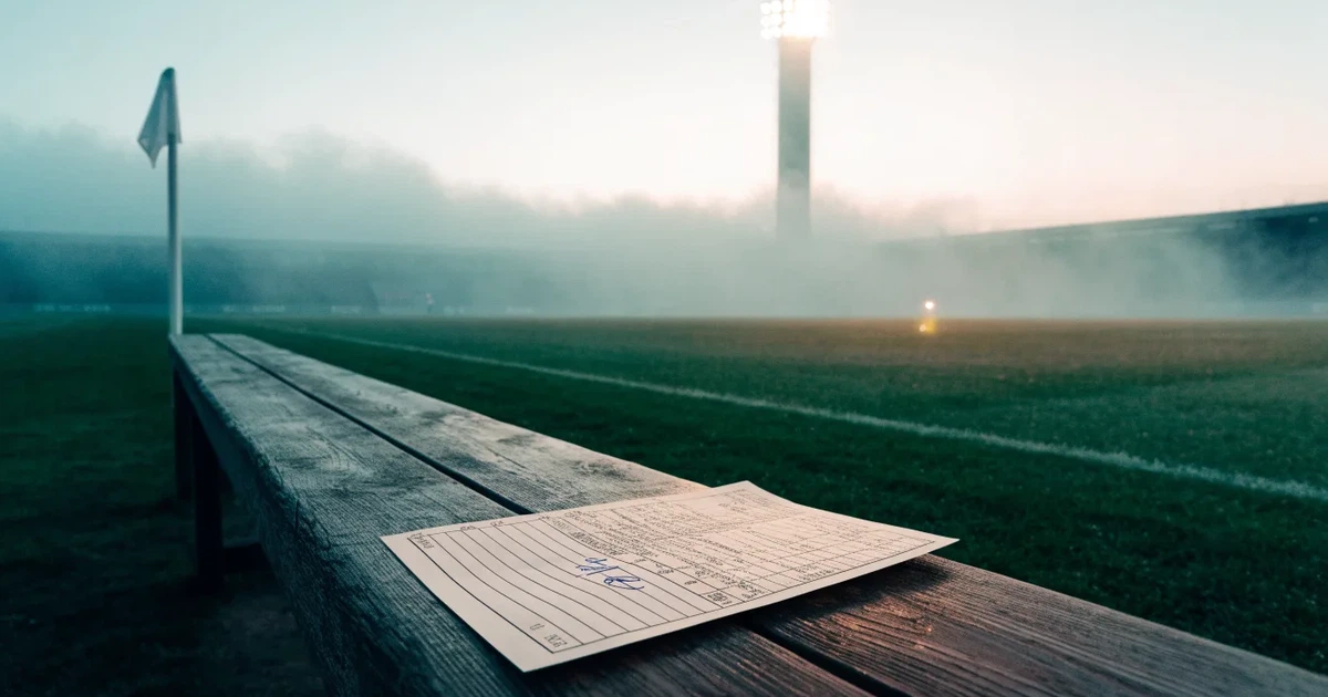 Eine Eckfahne steht im Nebel am Rand eines leeren Rasenplatzes in der Morgendämmerung, dahinter ein Flutlichtmast.