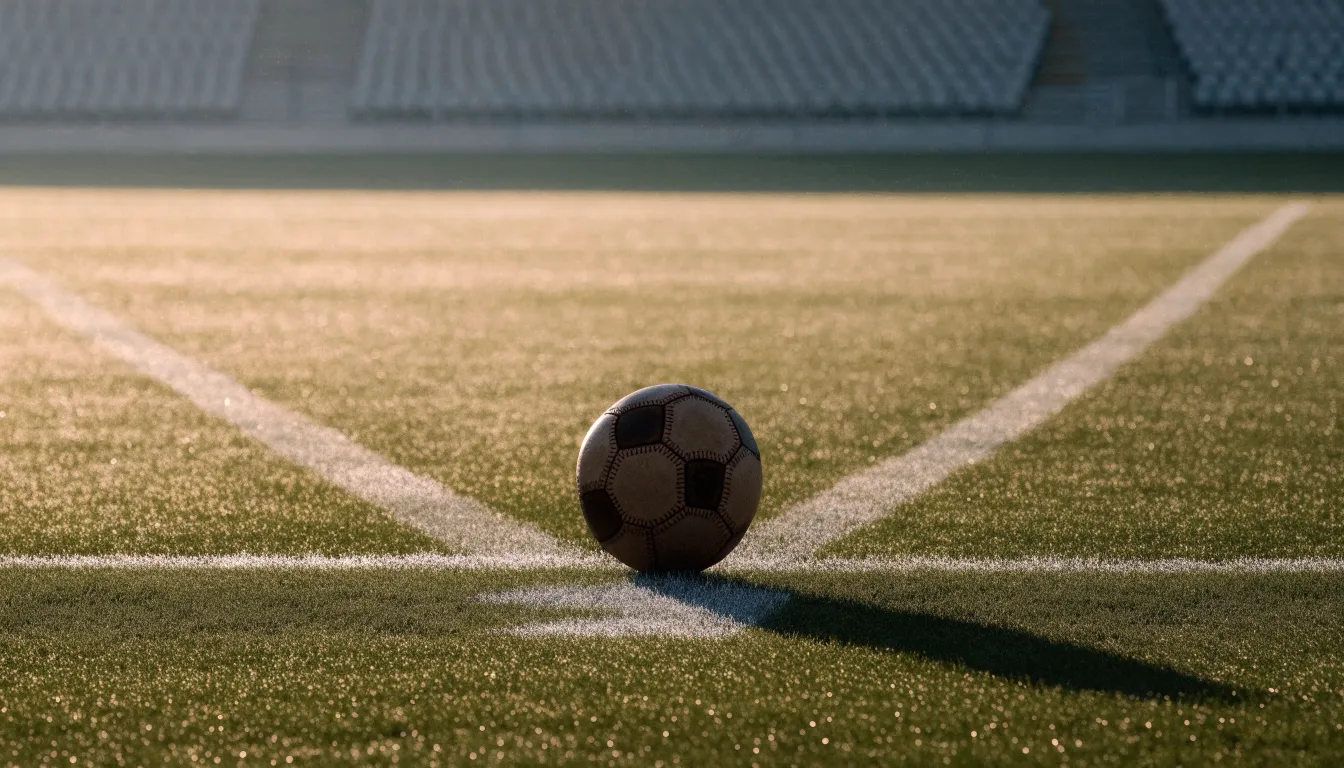 Ein Fußball liegt auf dem Anstoßpunkt eines leeren Rasenplatzes in der Morgendämmerung, im Hintergrund eine leere Tribüne.