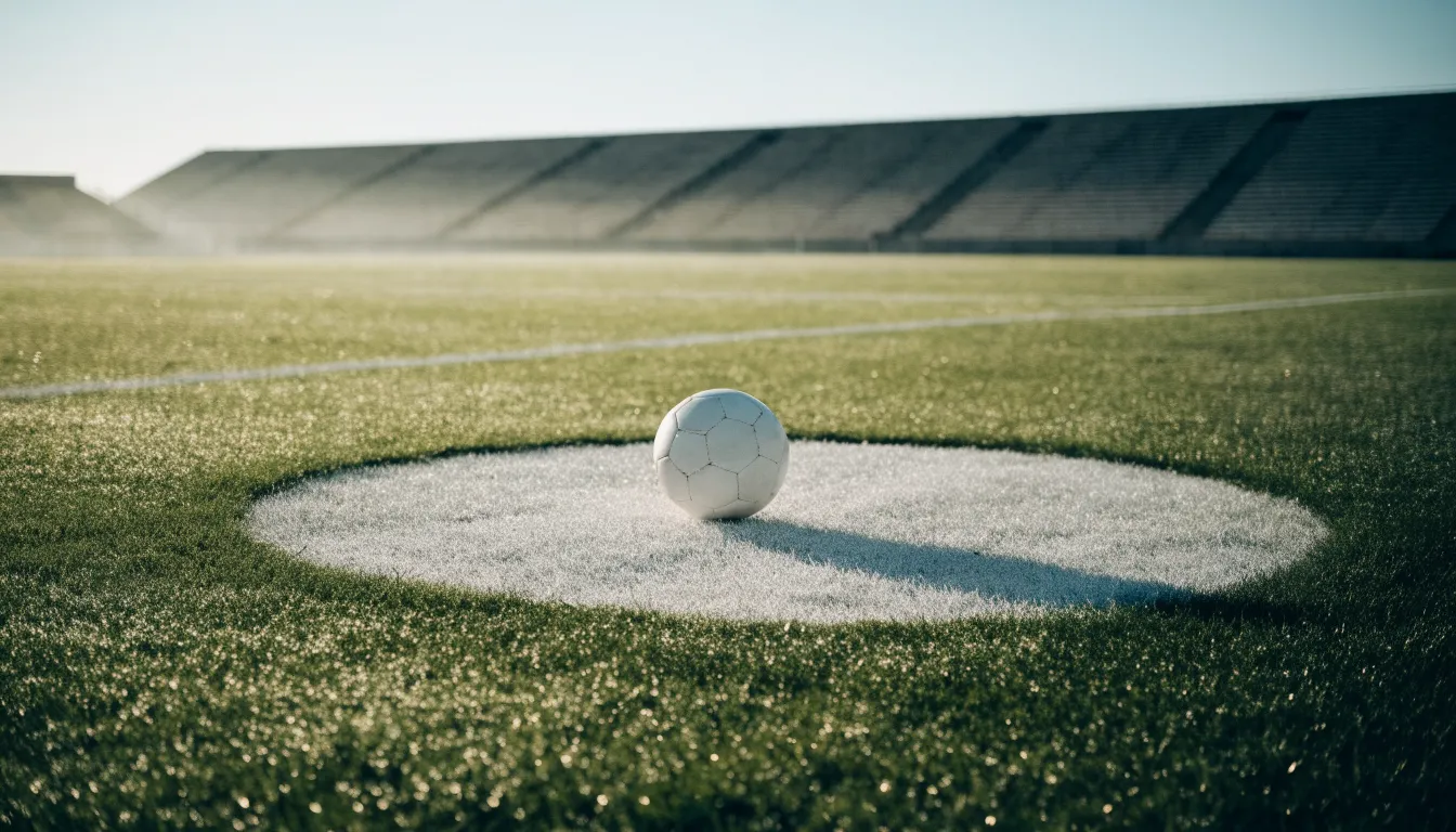 Ein Fußball liegt auf dem Anstoßpunkt eines leeren Rasenplatzes im frühen Morgenlicht, dahinter eine leere Tribüne.