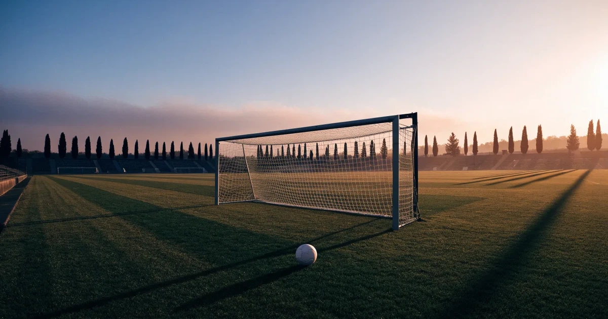Ein Fußballtor mit Netz auf einem leeren Platz im Abendlicht, der Rasen frisch gemäht, im Hintergrund Zypressen.