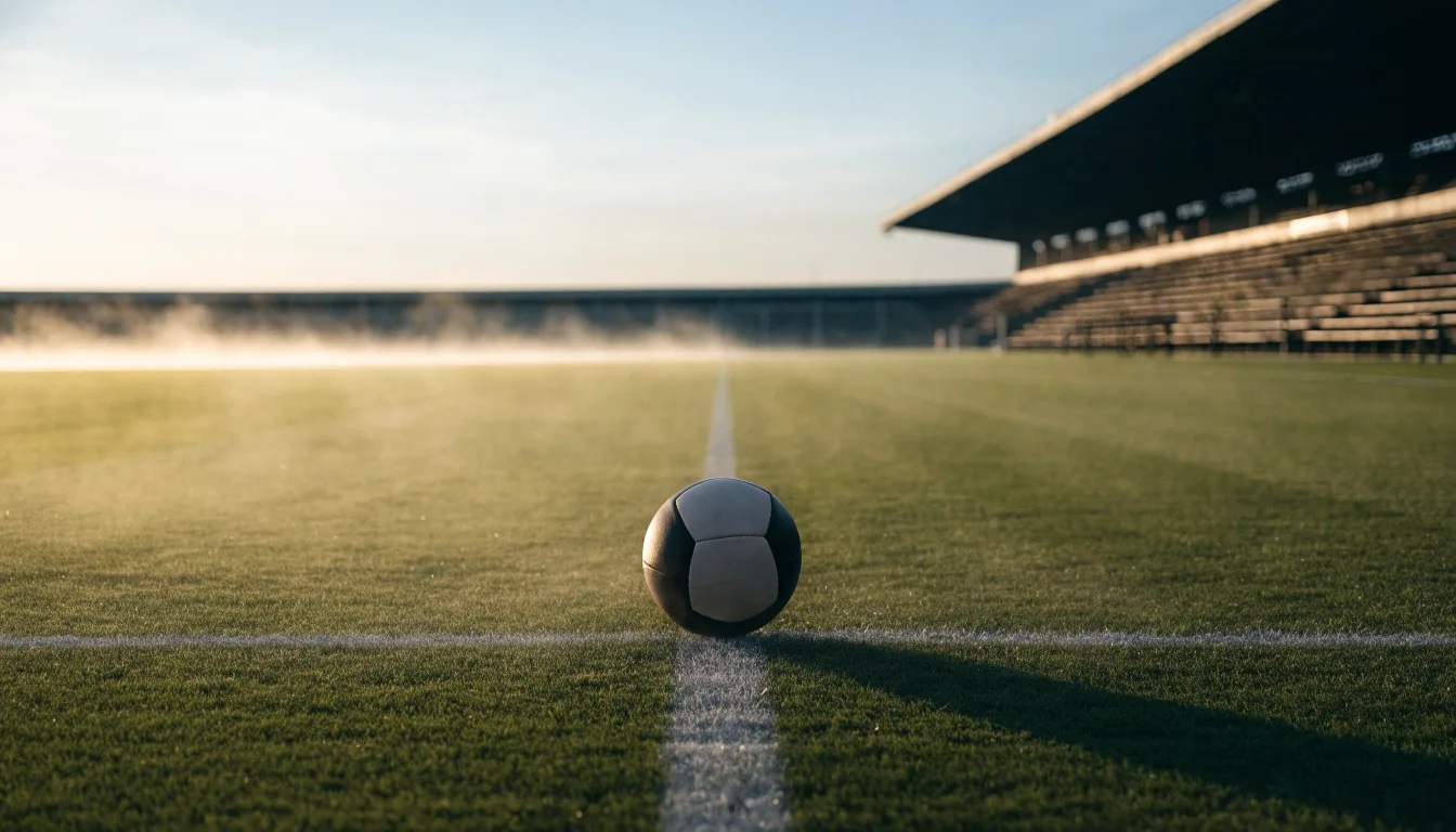 Ein Fußball liegt auf dem Anstoßpunkt eines leeren Rasenplatzes im frühen Morgenlicht, dahinter eine leere Tribüne.
