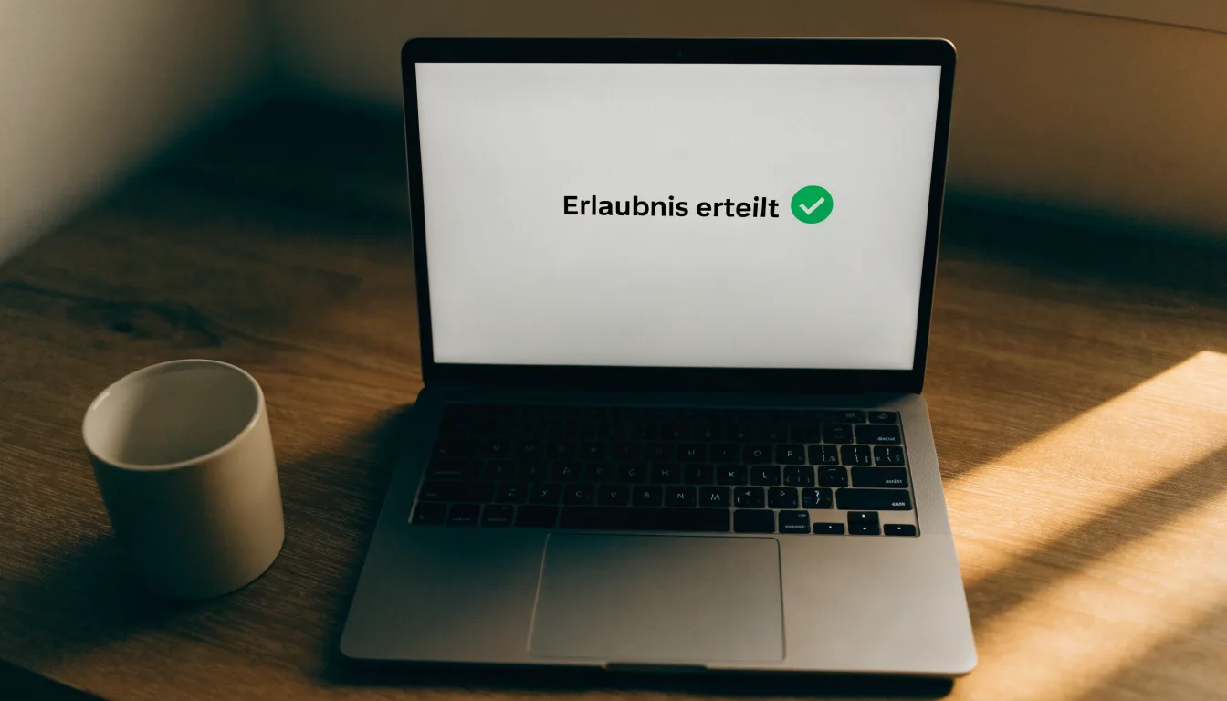 Eine Messingwaage steht auf einem Holzschreibtisch neben einer Kaffeetasse, im Hintergrund ein helles Fenster.