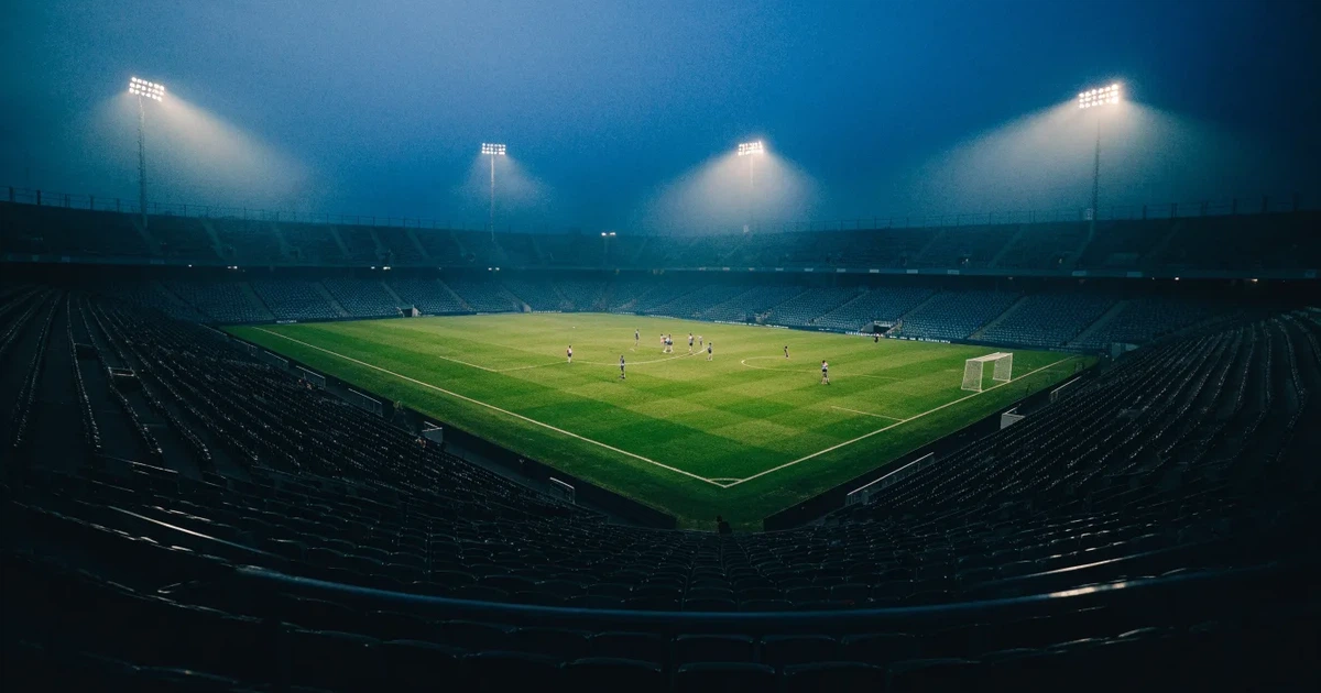 Ein Stadion bei Nacht unter Flutlicht aus der Ferne gesehen, der Rasen ist hell erleuchtet, keine erkennbaren Personen.