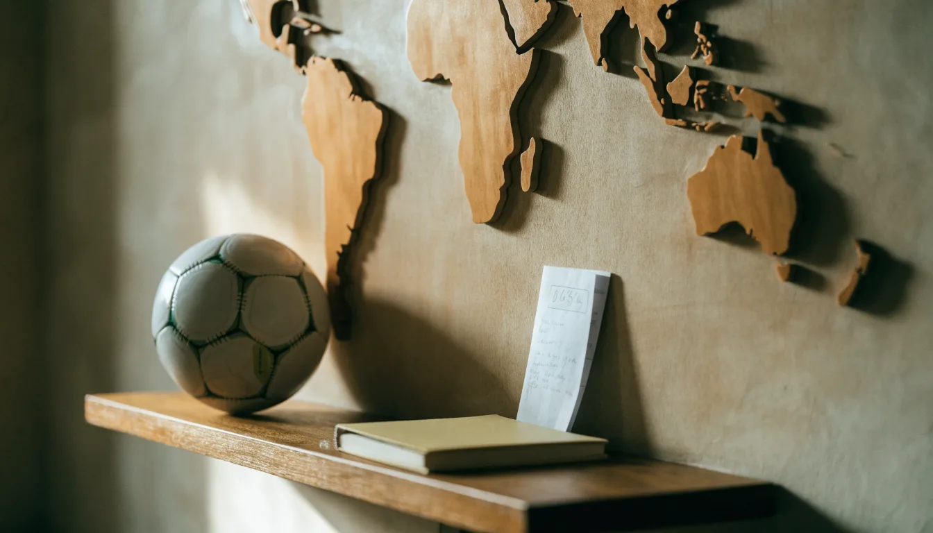 Eine Weltkarte aus Holz hängt an einer Wand, davor liegt ein Fußball auf einem Regal, ohne erkennbare Beschriftung.