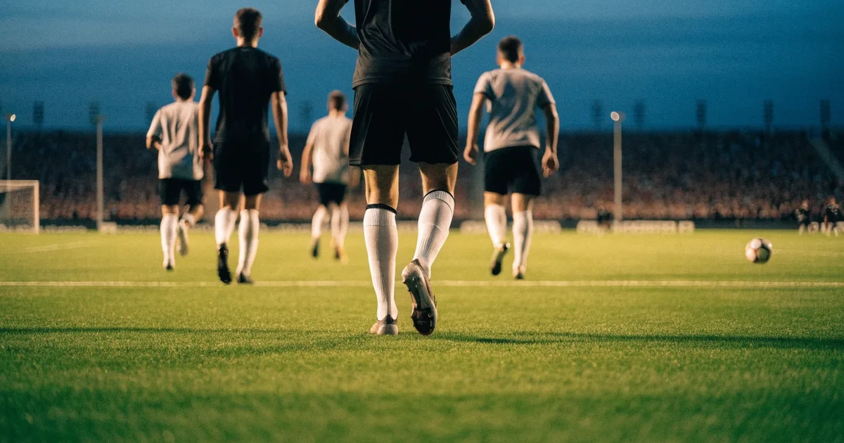 Ein Fußballplatz mit frisch gemähtem Rasen im Abendlicht, ein Ball liegt im Strafraum, im Hintergrund unscharf eine leere Tribüne.