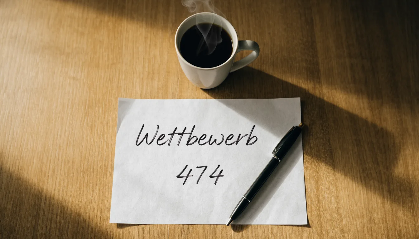 Ein leerer Wettschein aus Papier liegt neben einem Kugelschreiber und einer Tasse Kaffee auf einem Holztisch, Aufnahme von oben.
