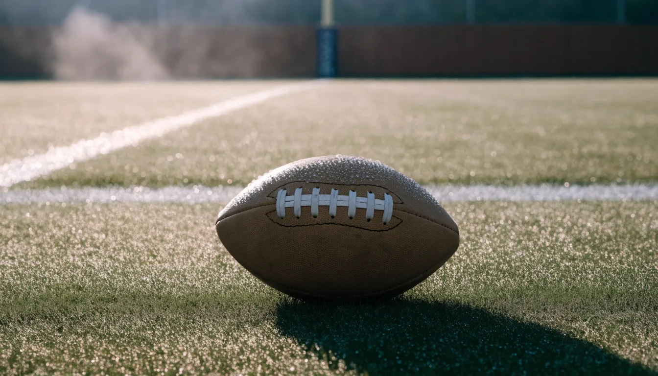 Ein ovaler Lederball mit heller Schnürung liegt auf dem Rasen vor der Endzone, Tau auf dem Gras im ersten Morgenlicht.