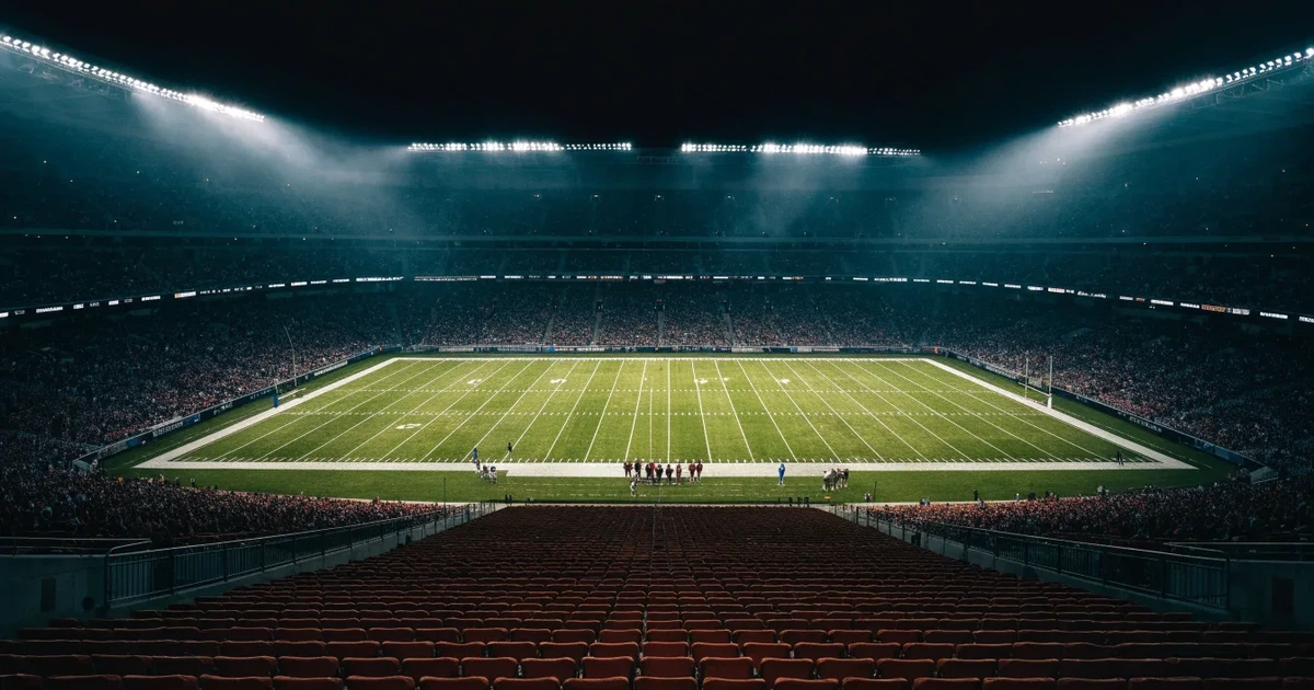 Ein American-Football-Feld mit weißen Yardlinien im Flutlicht, von einer hohen Tribüne aus gesehen, die Ränge leer, Zahlen nicht erkennbar.