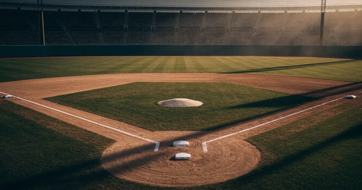 Ein Baseballfeld mit dem hellbraunen Infield und gepflegtem Rasen, von der Tribüne aus gesehen, die Ränge leer, tiefe Abendsonne.