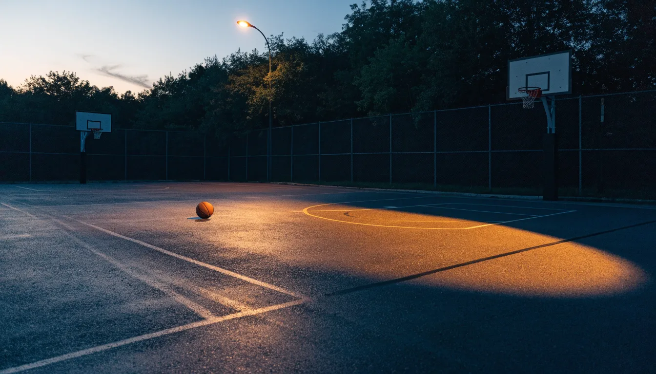 Ein Freiluft-Basketballplatz am Abend mit Asphalt, Linien und zwei Körben unter einer Straßenlaterne.