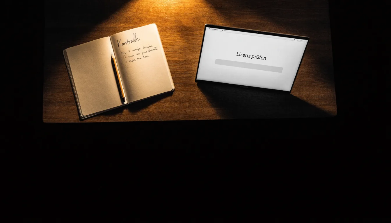 Ein Notizbuch mit handschriftlichen Notizen und ein Bleistift liegen neben einer Tischlampe auf einem Schreibtisch, ruhiges Abendlicht.