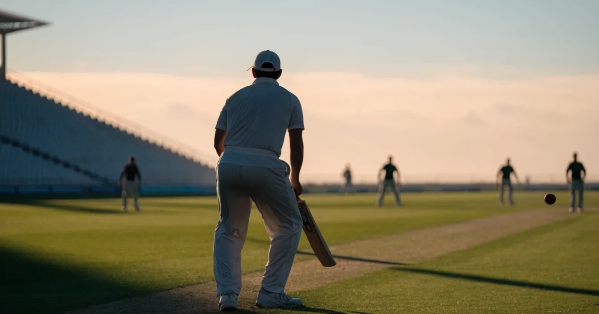 Ein weites grünes Cricketfeld mit einem hellen Streifen in der Mitte, tief stehende Sonne, im Hintergrund eine leere Tribüne.