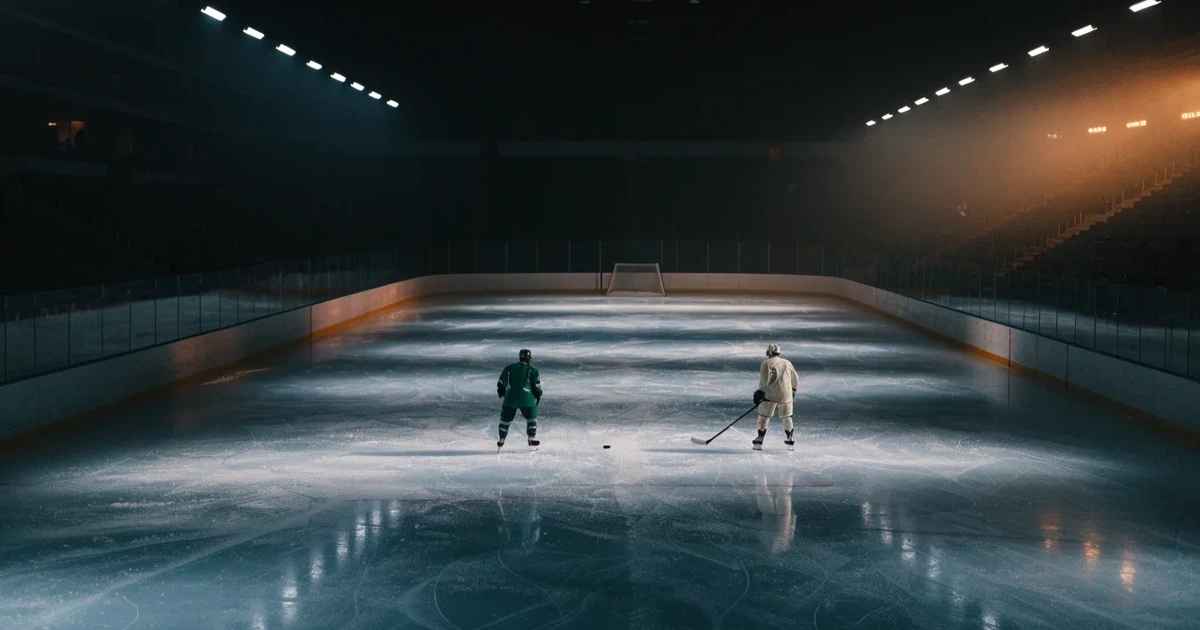 Eine Eishockeyhalle von der Tribüne aus gesehen, spiegelglatte Eisfläche, Banden ohne Schriftzüge, helles Flutlicht.