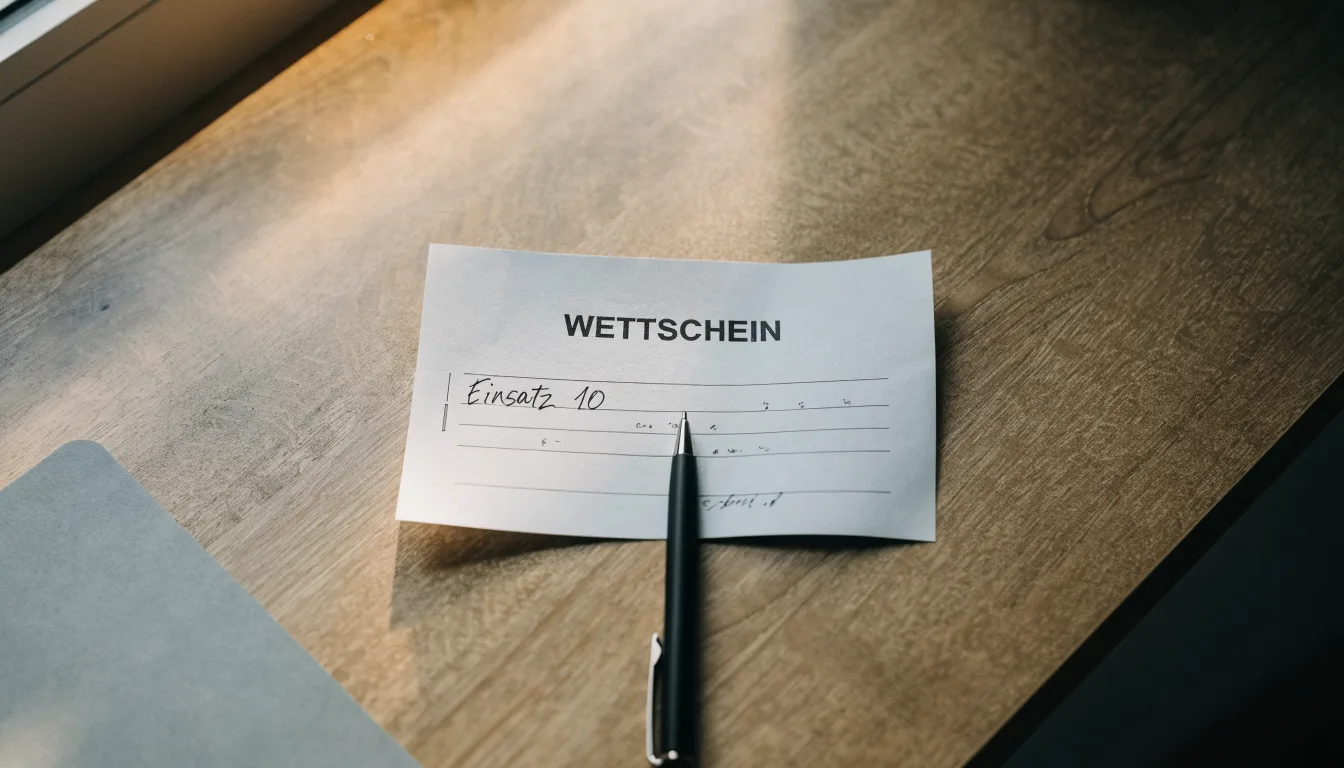 Ein leerer Papierwettschein und ein Kugelschreiber liegen auf einem aufgeräumten Schreibtisch, weiches Licht von einem Fenster.