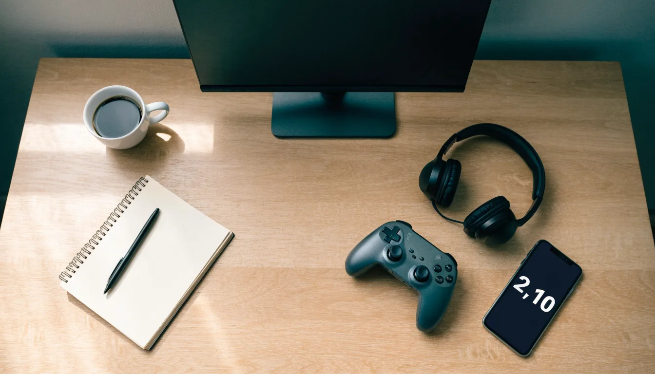 Ein Gamepad und ein Headset liegen auf einem Schreibtisch neben einer Tasse, der Bildschirm im Hintergrund ist ausgeschaltet.