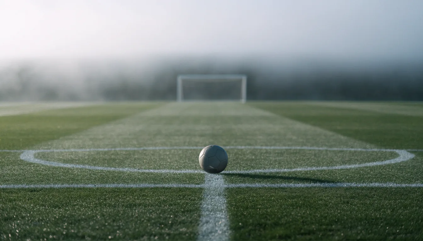 Ein Fußball liegt auf dem Elfmeterpunkt eines leeren Rasenplatzes, im Hintergrund unscharf ein Tor im Morgendunst.