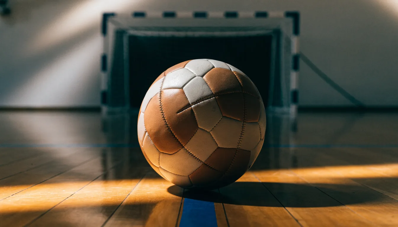 Ein kleiner schwerer Ball liegt in einer Halle auf dem Parkett vor einem Tor, warmes Licht aus den Deckenstrahlern.