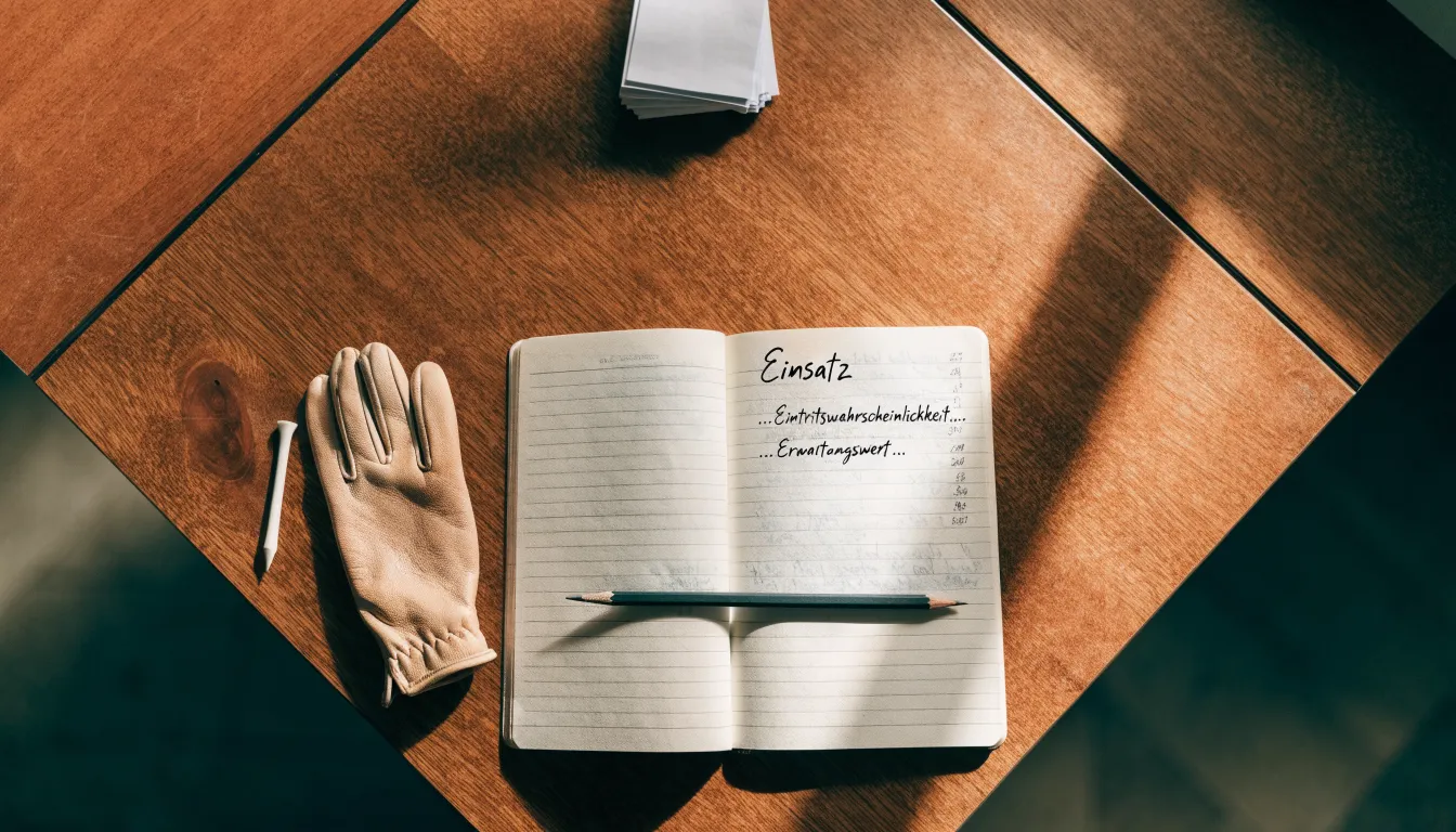 Ein Notizbuch mit handschriftlichen Notizen und ein Bleistift liegen neben einem Golfhandschuh und einem Tee auf einem Holztisch.