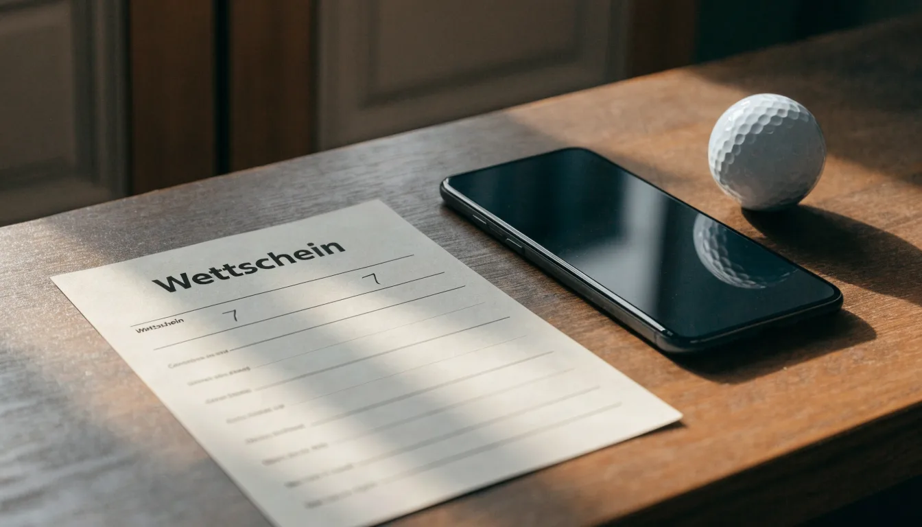 Ein leerer Wettschein aus Papier liegt neben einem Smartphone mit dunklem Display auf einem Tisch, daneben ein einzelner Golfball.