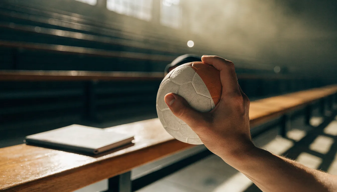 Eine Hand hält einen Handball, im Hintergrund eine unscharfe Tribüne, daneben liegt ein Notizblock auf einer Bank.