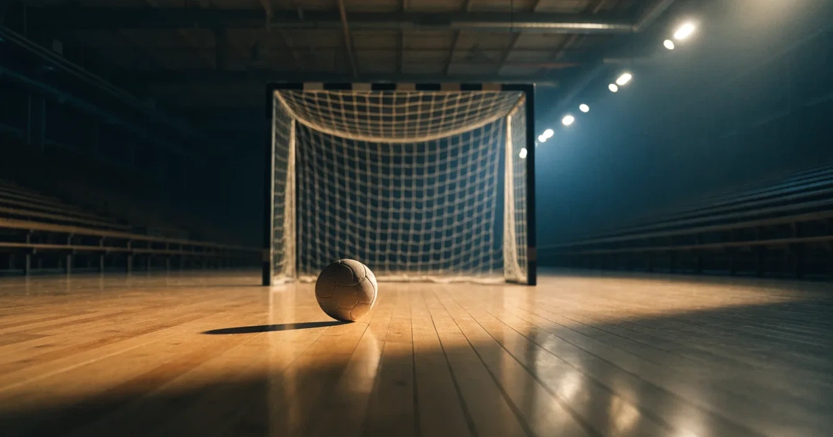 Ein Handball liegt auf dem Hallenboden vor einem Tor mit Netz, die leere Halle wird von Flutlicht beleuchtet.