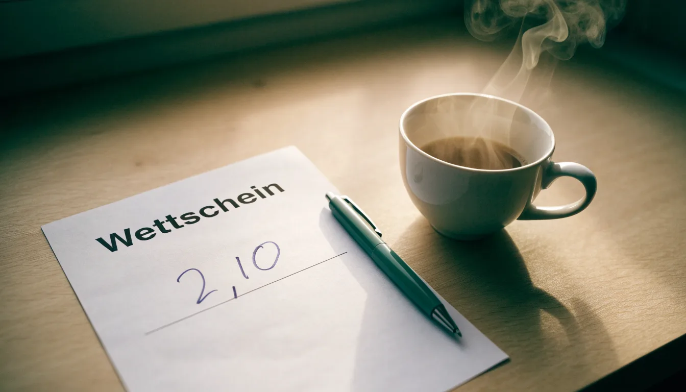 Ein leerer Wettschein aus Papier und ein Kugelschreiber liegen auf einem Schreibtisch neben einer Tasse Kaffee im Tageslicht.