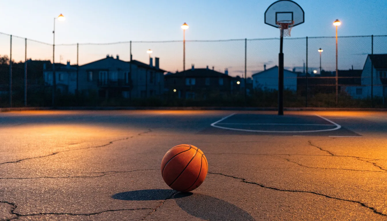 Ein Basketball rollt auf einem Freiluftplatz in der Abenddämmerung zu einem Korb, die Straßenlaternen leuchten bereits.