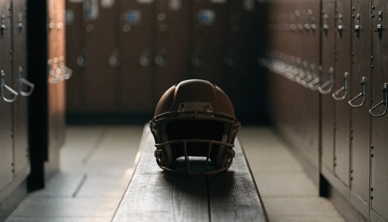 Ein neutraler Footballhelm ohne Aufdruck steht auf einer Holzbank in einer Umkleidekabine.