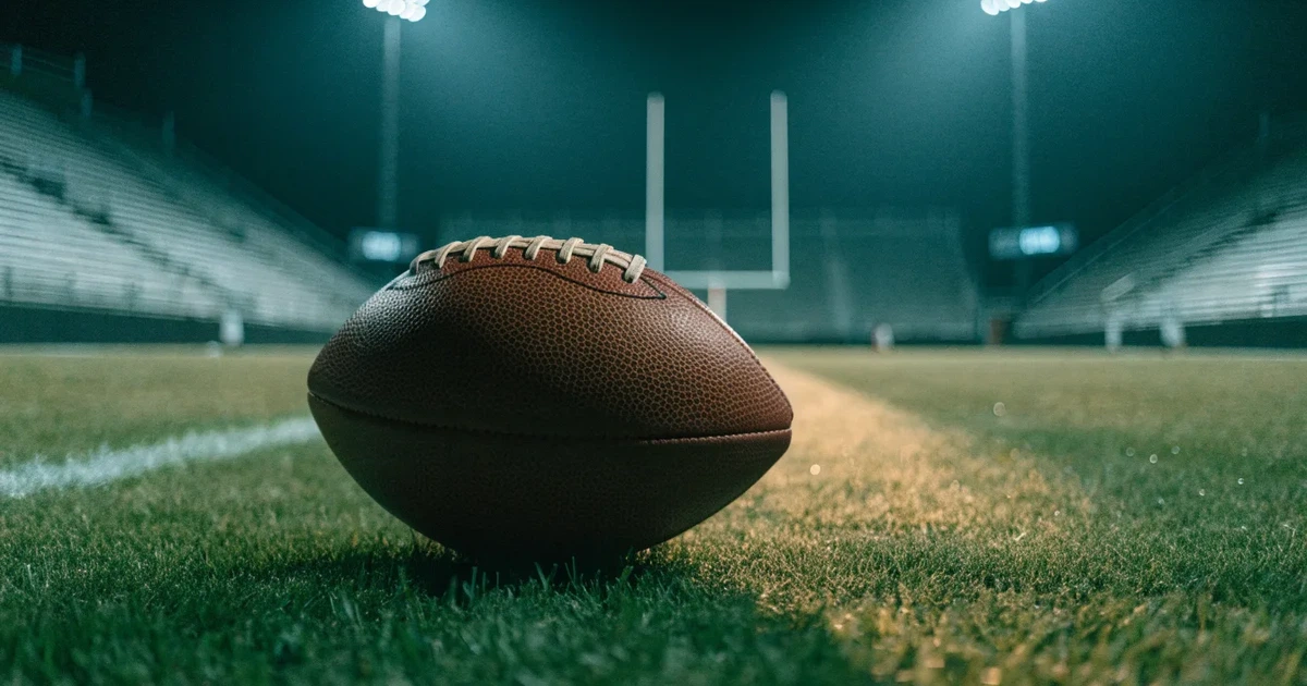 Ein American Football liegt auf dem Rasen eines leeren Stadions unter Flutlicht, die Torstangen ragen im Hintergrund auf.