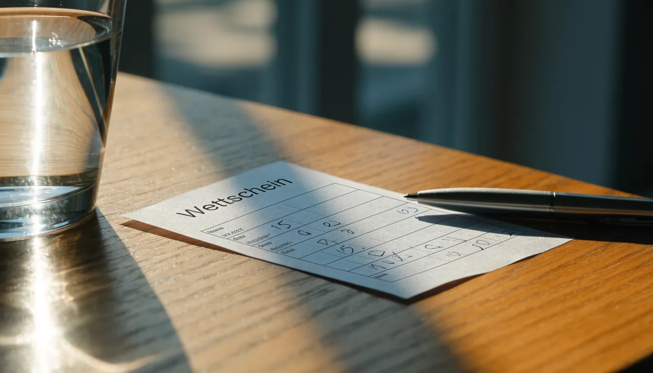 Ein leerer Wettschein aus Papier liegt neben einem Stift auf einem Tisch, daneben ein Glas Wasser.
