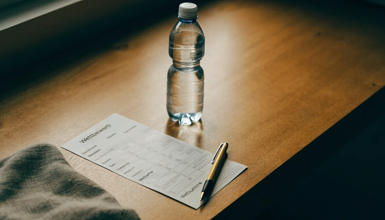 Ein leerer Wettschein aus Papier liegt neben einer Trinkflasche und einem Stift auf einem Tisch.