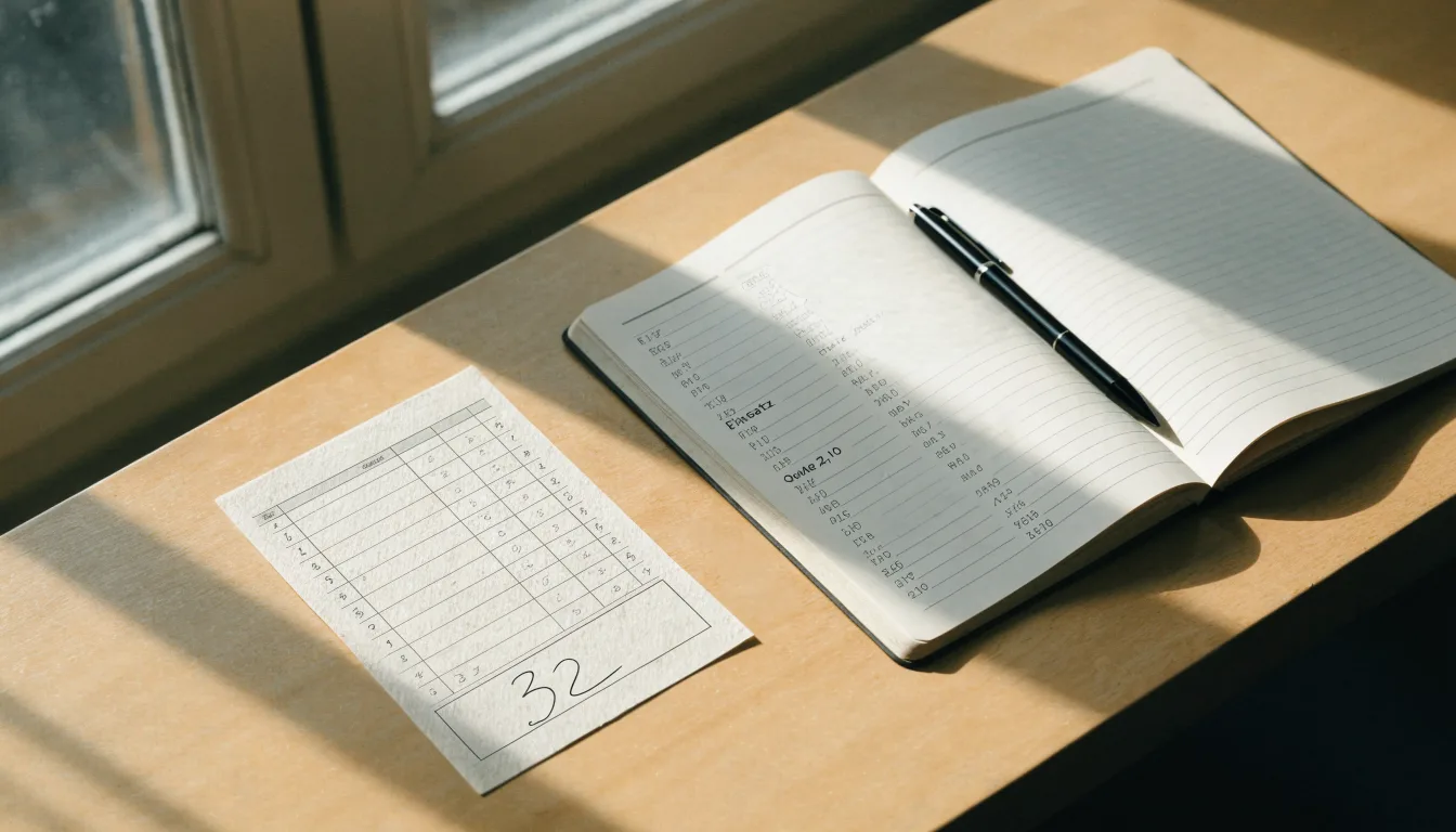 Ein leerer Wettschein aus Papier liegt neben einem Notizbuch und einem Stift auf einem Schreibtisch am Fenster.