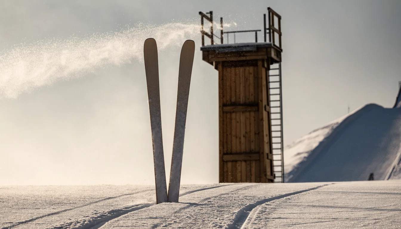 Ein Paar Skier steckt aufrecht im Schnee neben einem Anlaufturm, im Hintergrund wirbelt feiner Schnee im Wind.