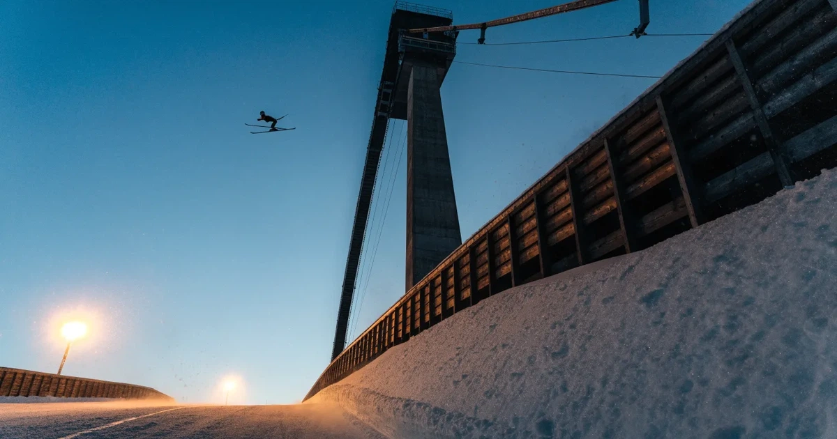 Eine Skisprungschanze im Schnee, von unten gesehen, vor einem klaren Winterhimmel in der Dämmerung, ohne Menschen.